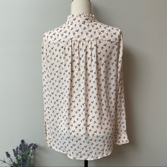 LOFT Bird Print Button Front Ruffle Neck Blouse Light Pink Blue - Picture 10 of 12
